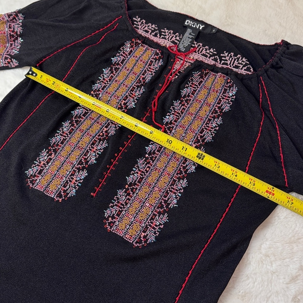 DKNY Beaded & Embroidered Silk Boho Peasant Blouse Festival Top, Flare Sleeves - Picture 12 of 16